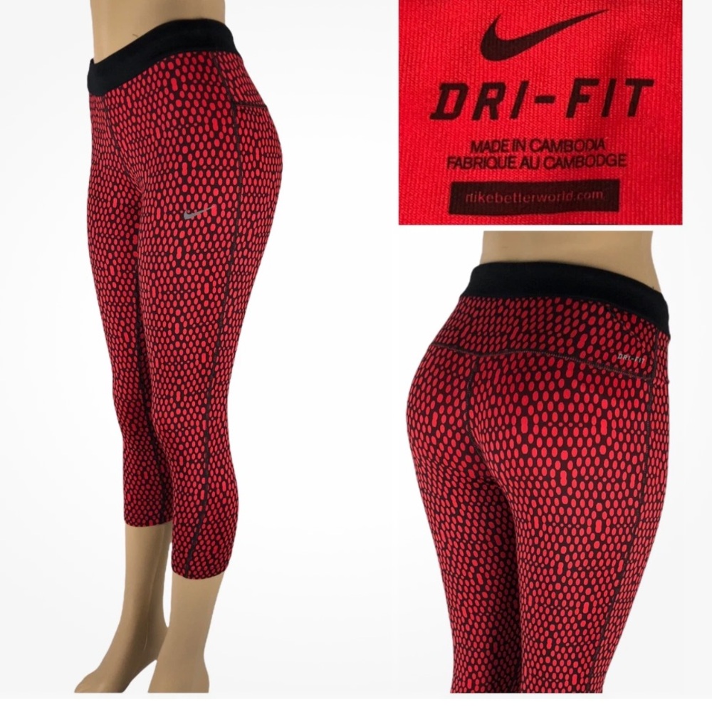 Nike Dri-FIT Running Leggings Women's Size M Red‎ Black Run Fast Live Fearless